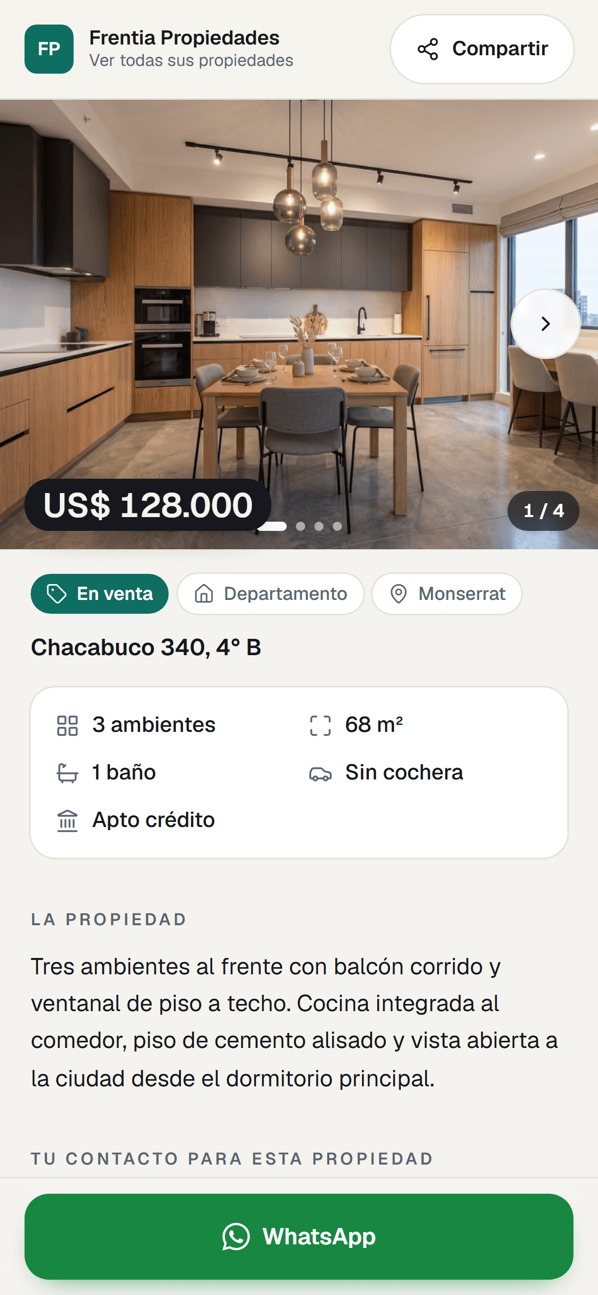 La ficha de una propiedad en el celular: el nombre de la inmobiliaria arriba, la foto con el precio, las características (3 ambientes, 68 m², 1 baño, sin cochera, apto crédito), la descripción y el botón de WhatsApp fijo abajo.